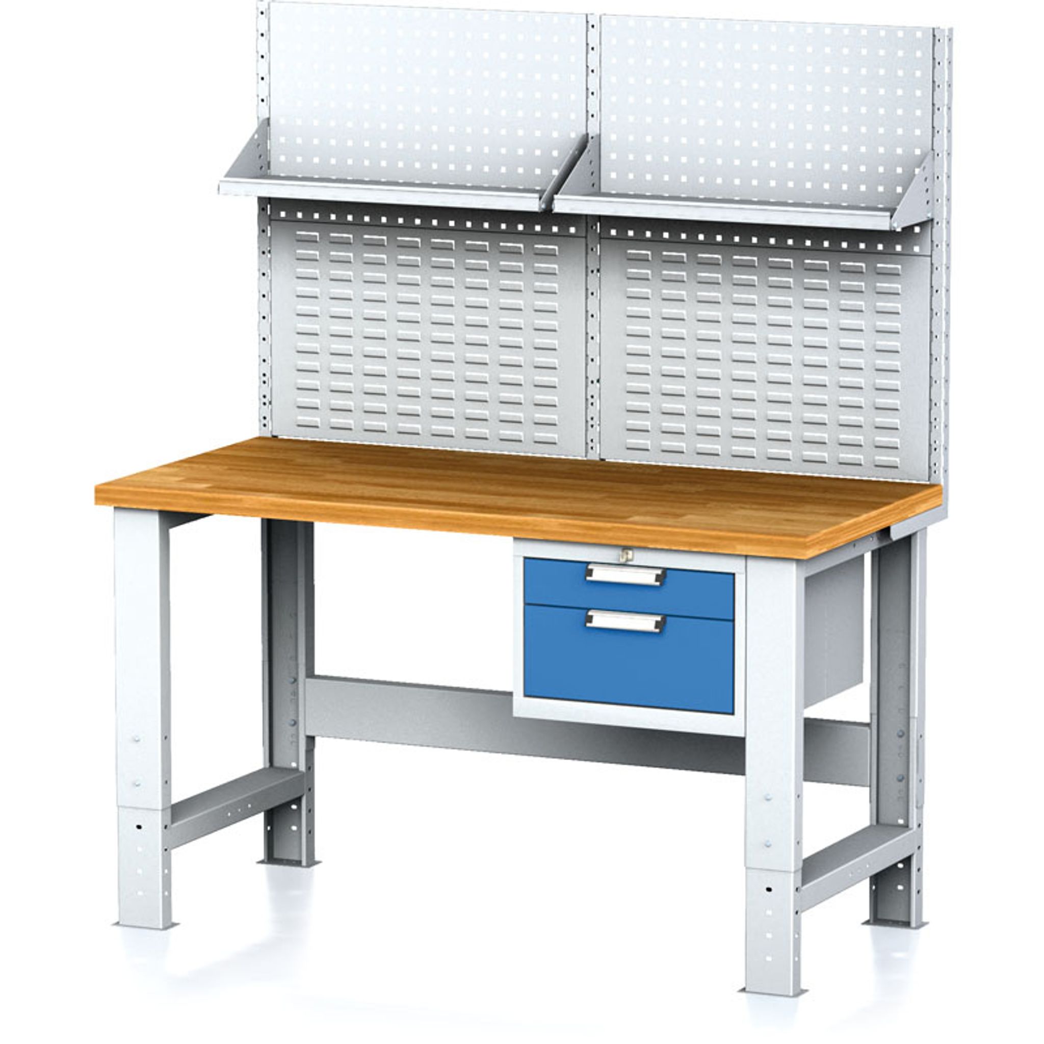 Werkbank MECHANIC mit Aufbau und Regal, 1500x685x700-1055 mm, höhenverstellbare Unterlage, 1x 2 Schubladencontainer, grau/blau