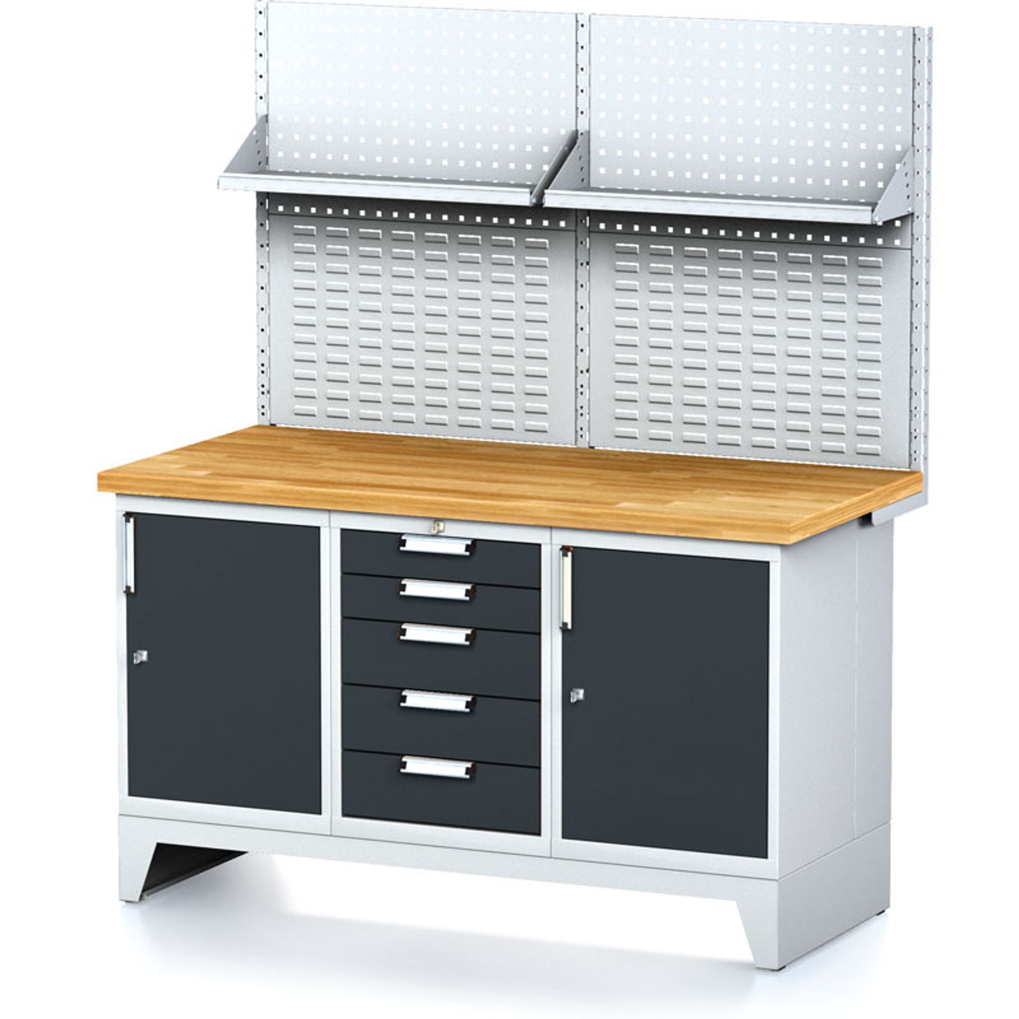 Werkbank MECHANIC mit Aufbau und Regal, 1500x685x880 mm, 1x 5 Schubladencontainer, 2x Schrank, grau/Anthrazit