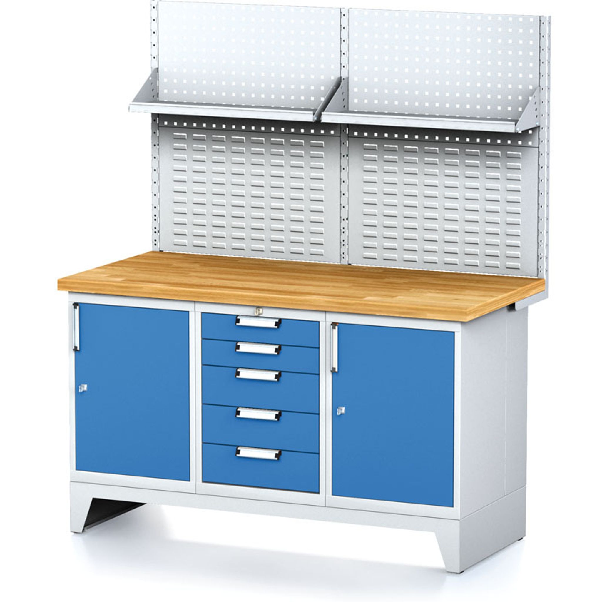 Werkbank MECHANIC mit Aufbau und Regal, 1500x685x880 mm, 1x 5 Schubladencontainer, 2x Schrank, grau/blau