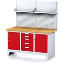 Werkbank MECHANIC mit Aufbau und Regal, 1500x685x880 mm, 1x 5 Schubladencontainer, 2x Schrank, grau/rot