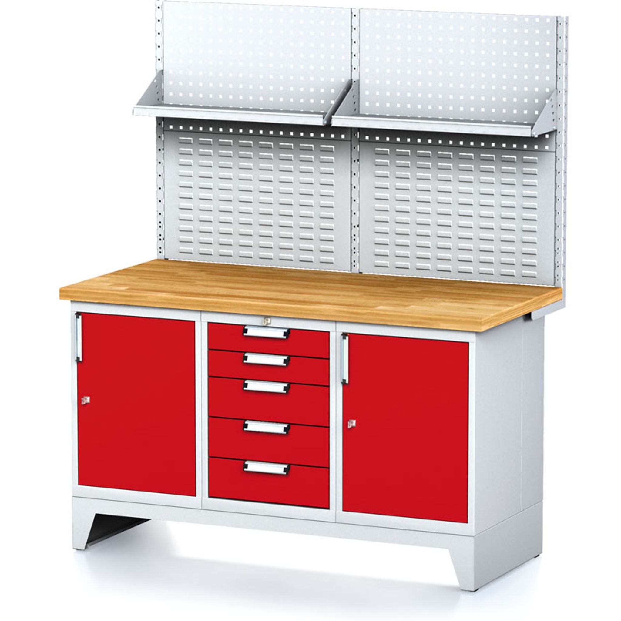Werkbank MECHANIC mit Aufbau und Regal, 1500x685x880 mm, 1x 5 Schubladencontainer, 2x Schrank, grau/rot