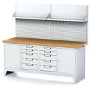 Werkbank MECHANIC mit Aufbau und Regal, 2000x685x880 mm, 2x 5 Schubladencontainer, 2x Schrank, grau/grau