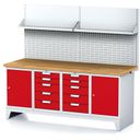 Werkbank MECHANIC mit Aufbau und Regal, 2000x685x880 mm, 2x 5 Schubladencontainer, 2x Schrank, grau/rot