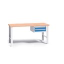 Werkbank mit Holzarbeitsplatte G3, festes Gestell, 1500 mm, 1x 2 Schubladencontainer, blau