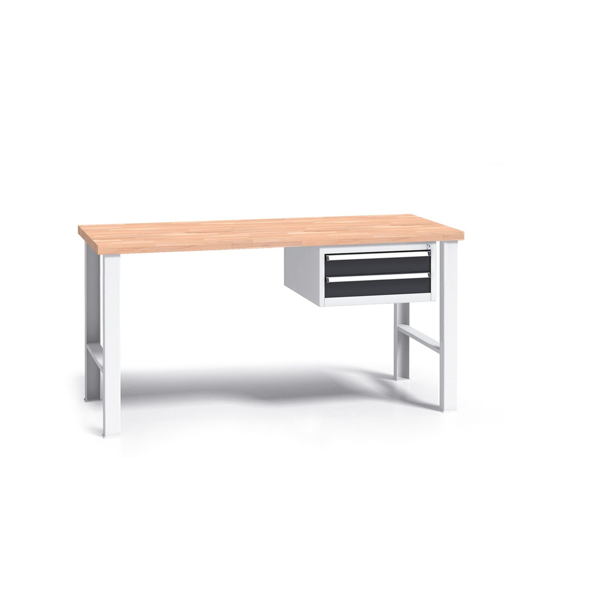 Werkbank mit Holzarbeitsplatte G3, festes Gestell, 1500 mm, 1x 2 Schubladencontainer, Graphit