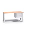 Werkbank mit Holzarbeitsplatte G3, festes Gestell, 1500 mm, 1x 4 Schubladencontainer, grau