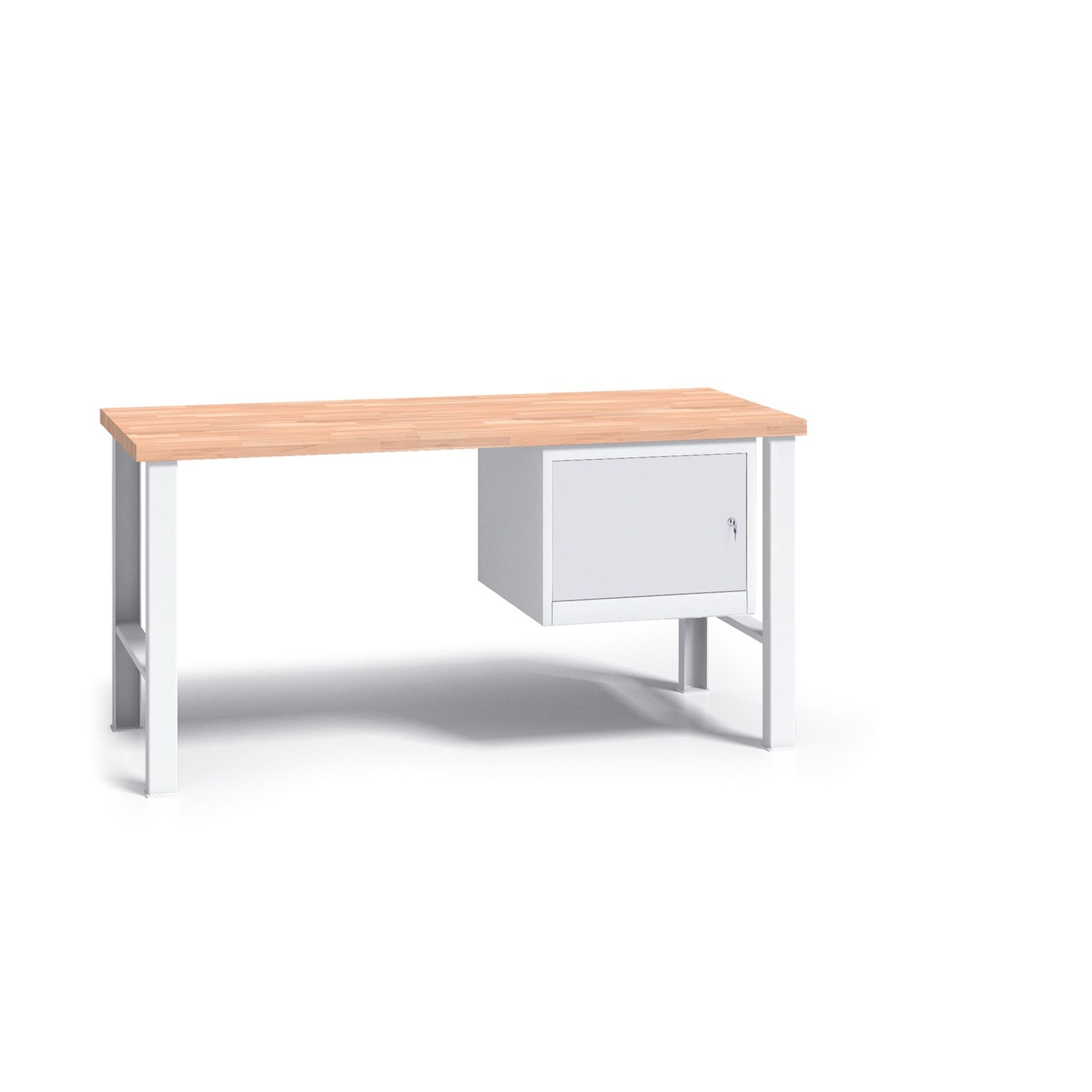 Werkbank mit Holzarbeitsplatte G3, festes Gestell, 1500 mm, 1x Schrank, grau