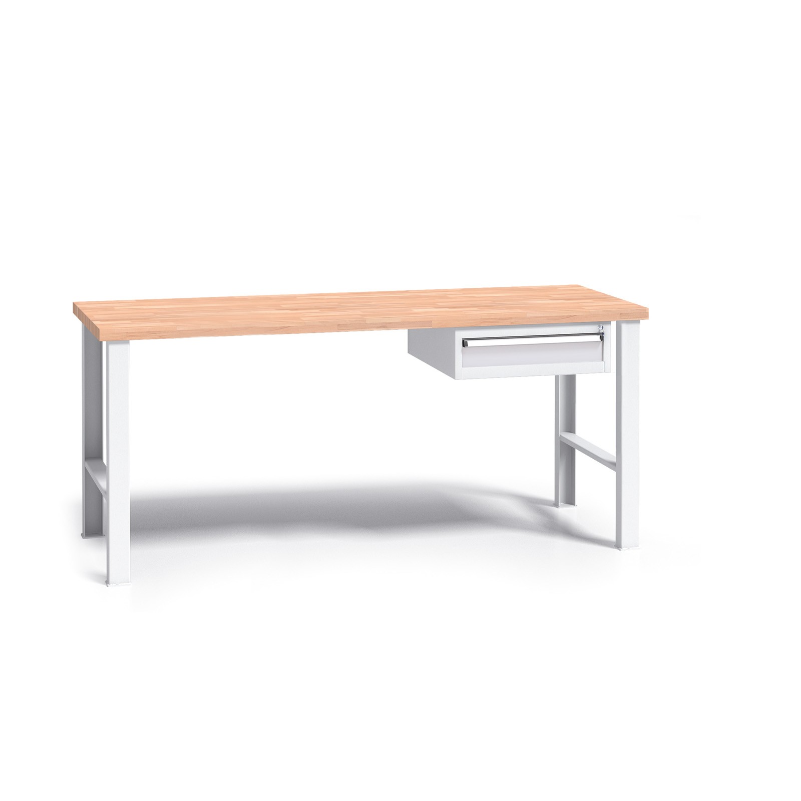 B2B Partner Werkbank mit Holzarbeitsplatte G3, festes Gestell, 1700 mm, 1x 1 Schubladencontainer, grau