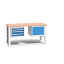 Werkbank mit Holzarbeitsplatte G3, festes Gestell, 1700 mm, 1x 4 Schubladencontainer, 1x Schrank, blau