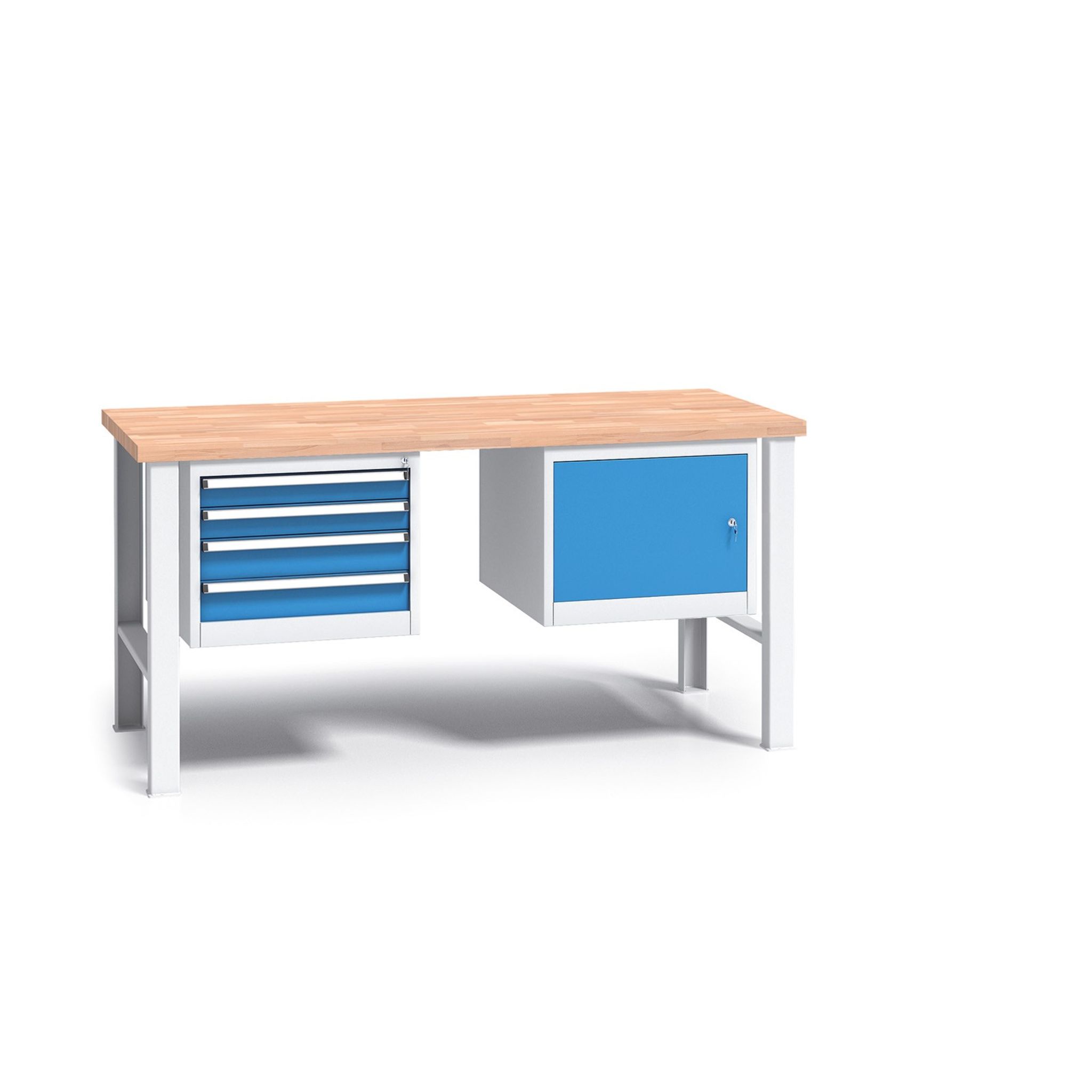 Werkbank mit Holzarbeitsplatte G3, festes Gestell, 1700x685x840 mm, 1x 4 Schubladencontainer, 1x Schrank Werkbank mit Holzarbeitsplatte G3, festes Gestell, 1700x685x840 mm, 1x 4 Schubladencontainer, 1x Schrank
