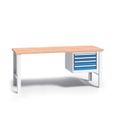 Werkbank mit Holzarbeitsplatte G3, festes Gestell, 1700 mm, 1x 4 Schubladencontainer, blau