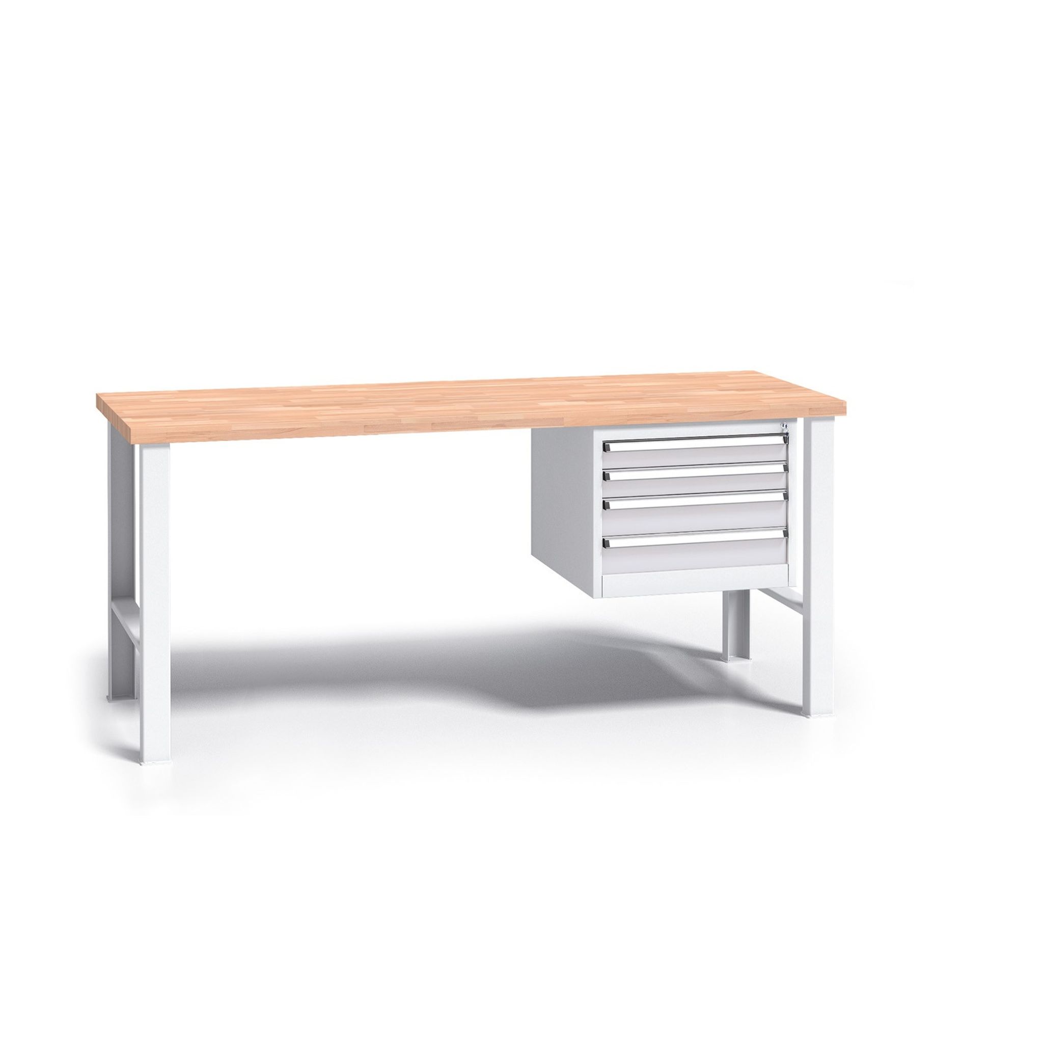Werkbank mit Holzarbeitsplatte G3, festes Gestell, 1700 mm, 1x 4 Schubladencontainer, grau