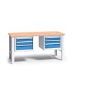 Werkbank mit Holzarbeitsplatte G3, festes Gestell, 1700 mm, 2x 3 Schubladencontainer, blau