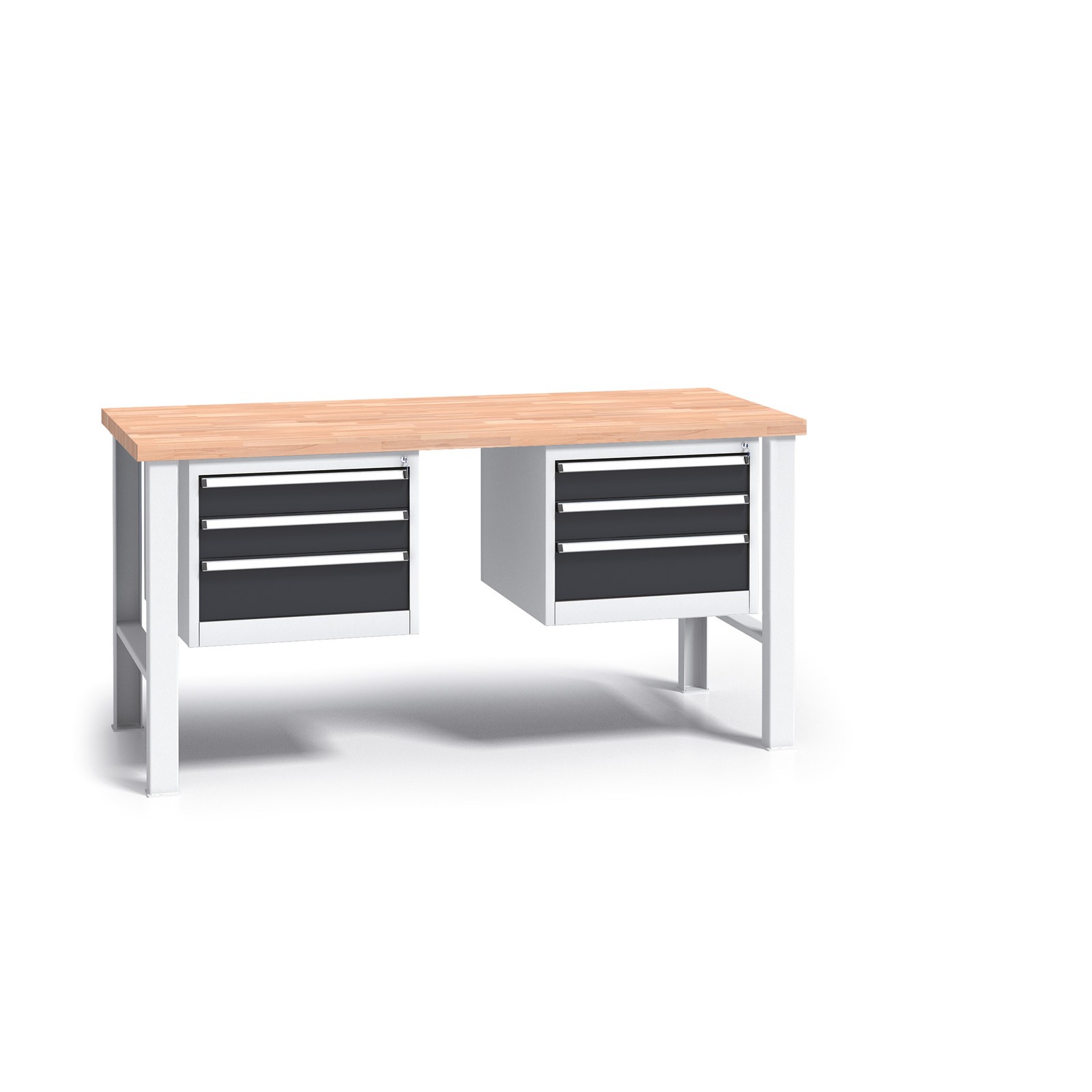B2B Partner Werkbank mit Holzarbeitsplatte G3, festes Gestell, 1700 mm, 2x 3 Schubladencontainer, Graphit