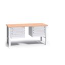 Werkbank mit Holzarbeitsplatte G3, festes Gestell, 1700 mm, 2x 3 Schubladencontainer, grau