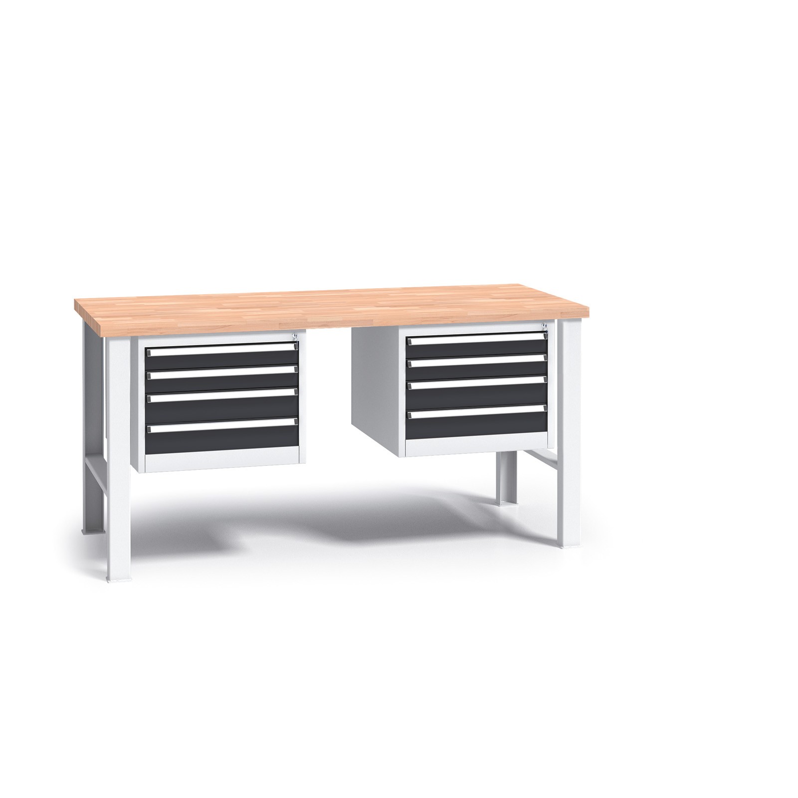 B2B Partner Werkbank mit Holzarbeitsplatte G3, festes Gestell, 1700 mm, 2x 4 Schubladencontainer, Graphit