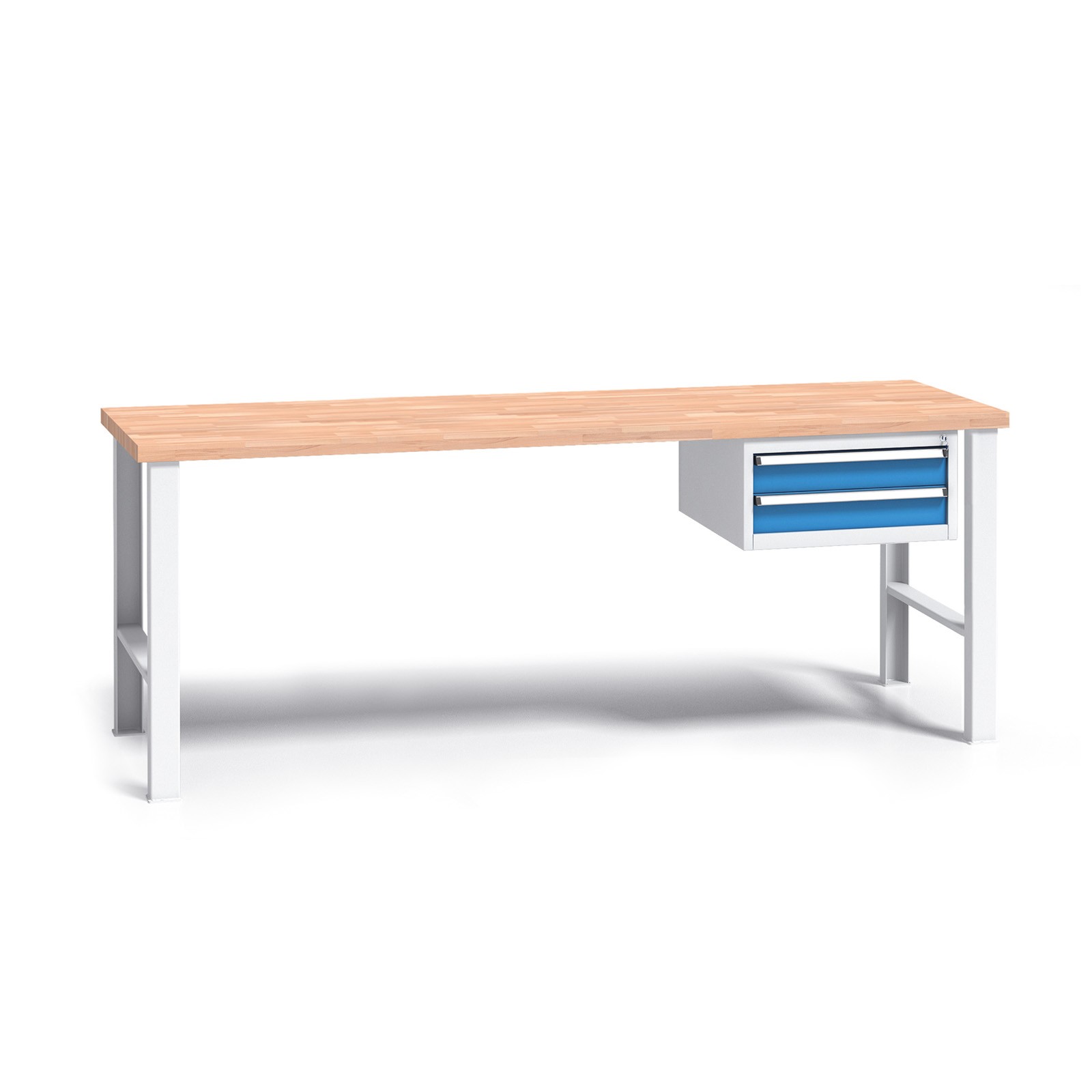B2B Partner Werkbank mit Holzarbeitsplatte G3, festes Gestell, 2000 mm, 1x 2 Schubladencontainer, blau