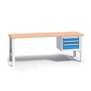 Werkbank mit Holzarbeitsplatte G3, festes Gestell, 2000 mm, 1x 3 Schubladencontainer, blau