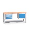 Werkbank mit Holzarbeitsplatte G3, festes Gestell, 2000 mm, 1x 4 Schubladencontainer, 1x Schrank, blau Werkbank mit Holzarbeitsplatte G3, festes Gestell, 2000 mm, 1x 4 Schubladencontainer, 1x Schrank, blau
