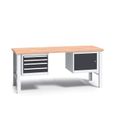Werkbank mit Holzarbeitsplatte G3, festes Gestell, 2000 mm, 1x 4 Schubladencontainer, 1x Schrank, Graphit