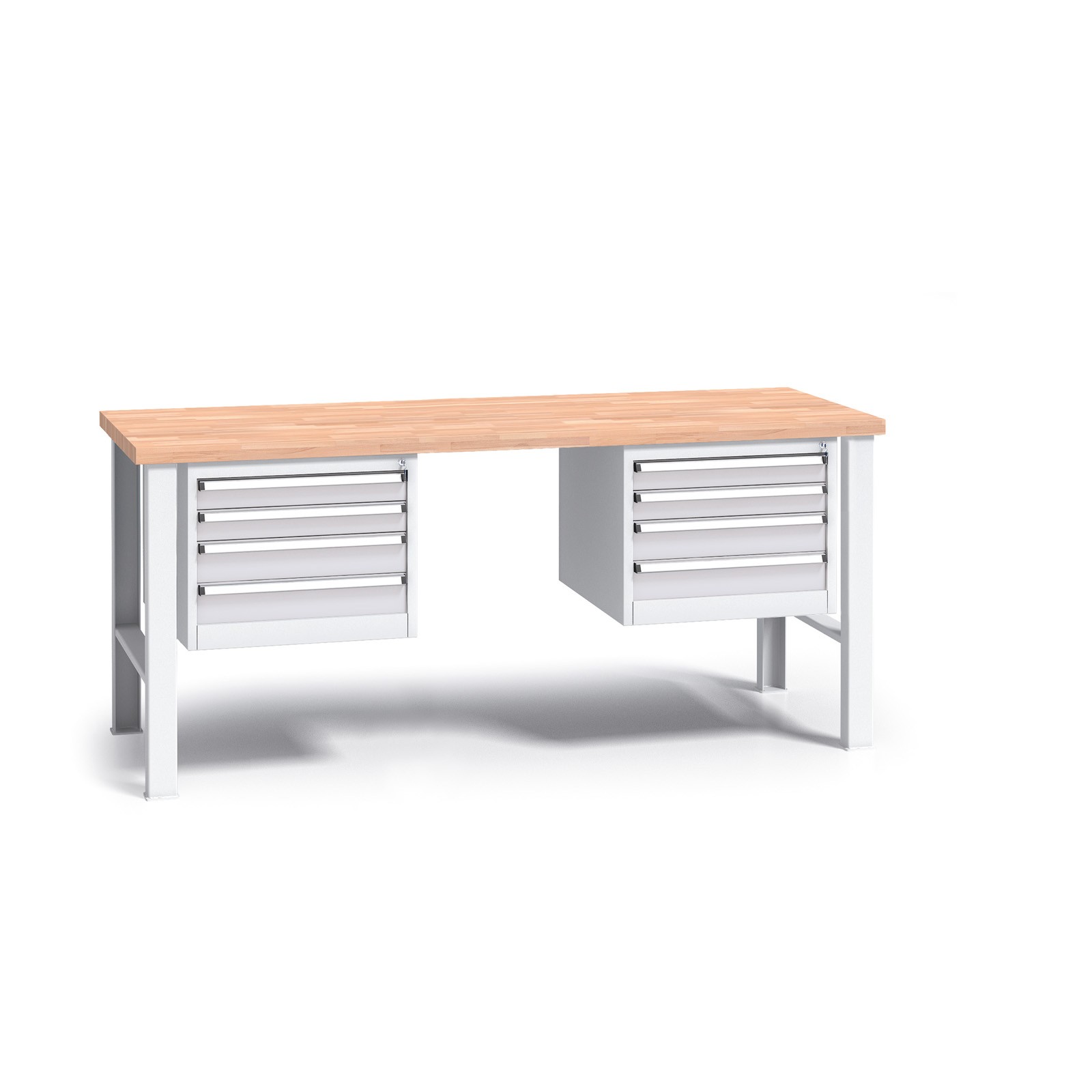 B2B Partner Werkbank mit Holzarbeitsplatte G3, festes Gestell, 2000 mm, 2x 4 Schubladencontainer, grau