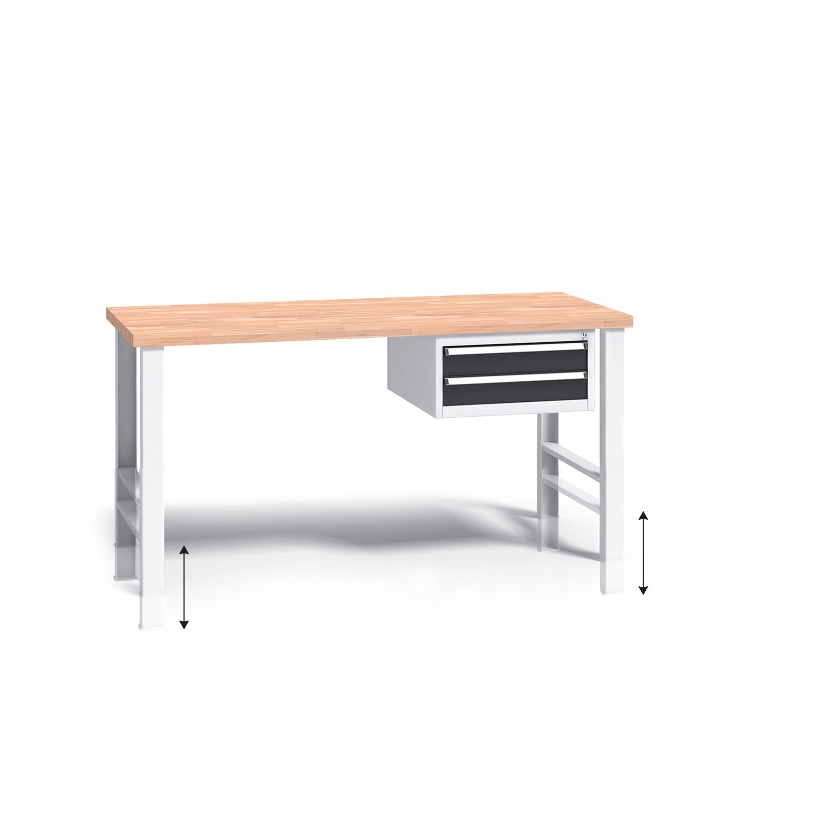 B2B Partner Werkbank mit Holzarbeitsplatte G3, höhenverstellbar, 1500 x 685 x 840-1050 mm, 1x 2 Schubladencontainer, Graphit