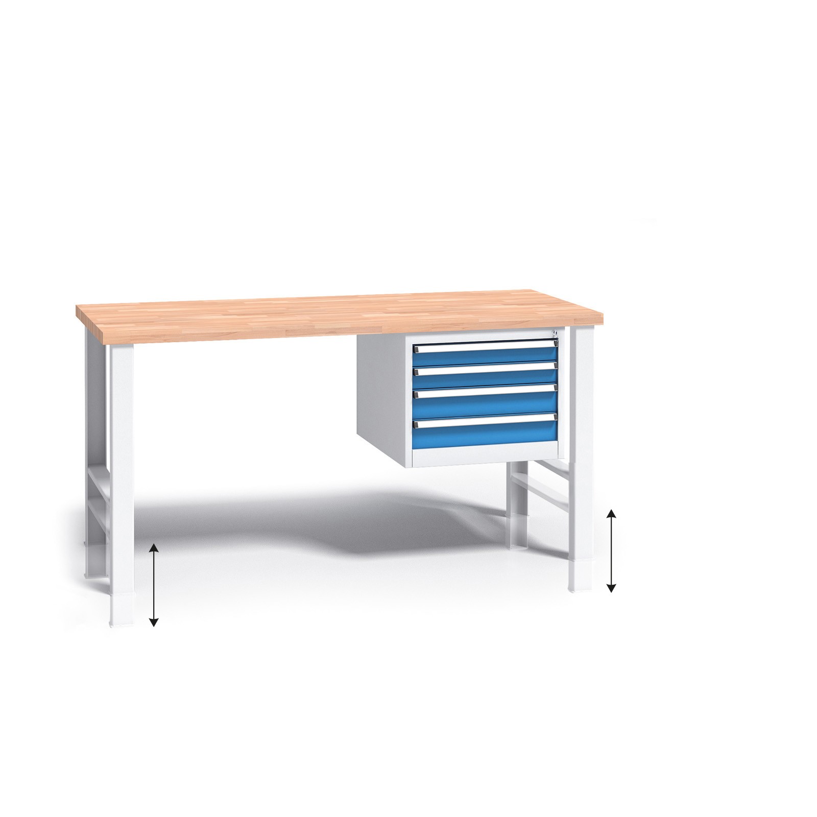 B2B Partner Werkbank mit Holzarbeitsplatte G3, höhenverstellbar, 1500 x 685 x 840-1050 mm, 1x 4 Schubladencontainer, blau