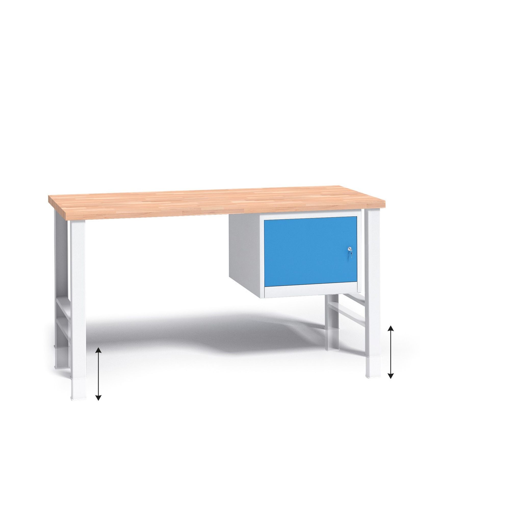 Werkbank mit Holzarbeitsplatte G3, höhenverstellbar, 1500x685x840-1050 mm, 1x Schrank Werkbank mit Holzarbeitsplatte G3, höhenverstellbar, 1500x685x840-1050 mm, 1x Schrank