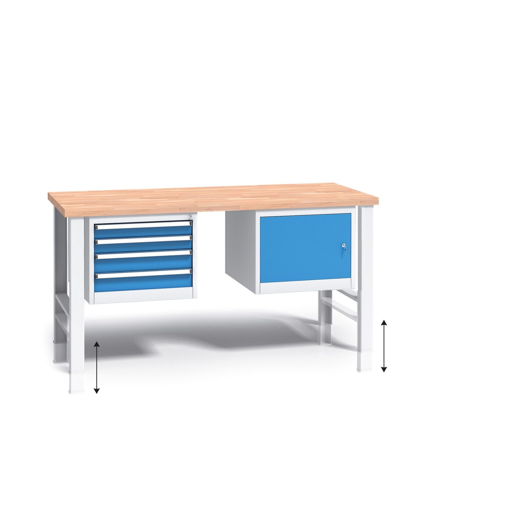 Werkbank mit Holzarbeitsplatte G3, höhenverstellbar, 1700x685x840-1050 mm, 1x 4 Schubladencontainer, 1x Schrank Werkbank mit Holzarbeitsplatte G3, höhenverstellbar, 1700x685x840-1050 mm, 1x 4 Schubladencontainer, 1x Schrank