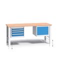 Werkbank mit Holzarbeitsplatte G3, höhenverstellbar, 2000 x 685 x 840-1050 mm, 1x 4 Schubladencontainer, 1x Schrank, blau