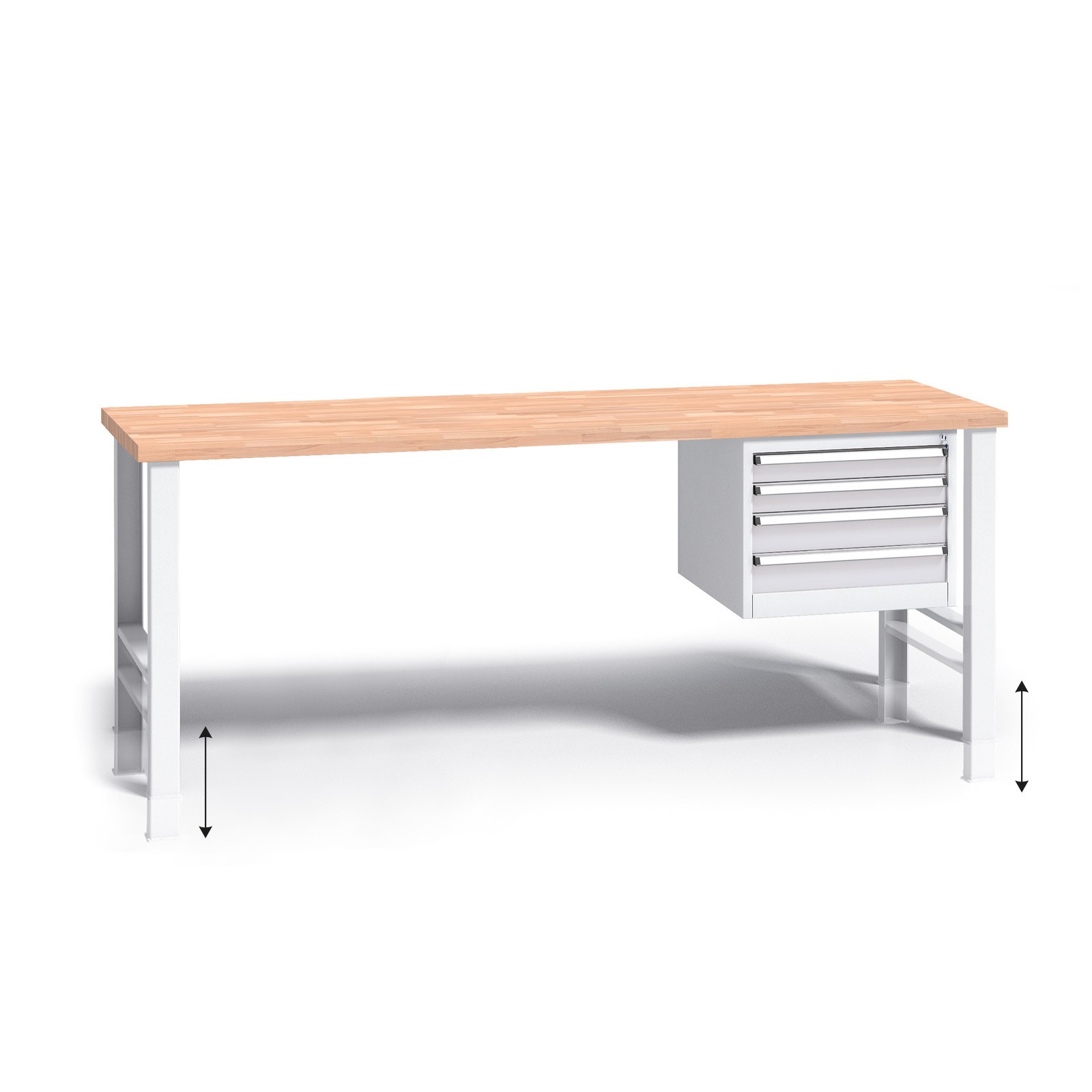 B2B Partner Werkbank mit Holzarbeitsplatte G3, höhenverstellbar, 2000 x 685 x 840-1050 mm, 1x 4 Schubladencontainer, grau