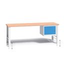 Werkbank mit Holzarbeitsplatte G3, höhenverstellbar, 2000 x 685 x 840-1050 mm, 1x Schrank, blau
