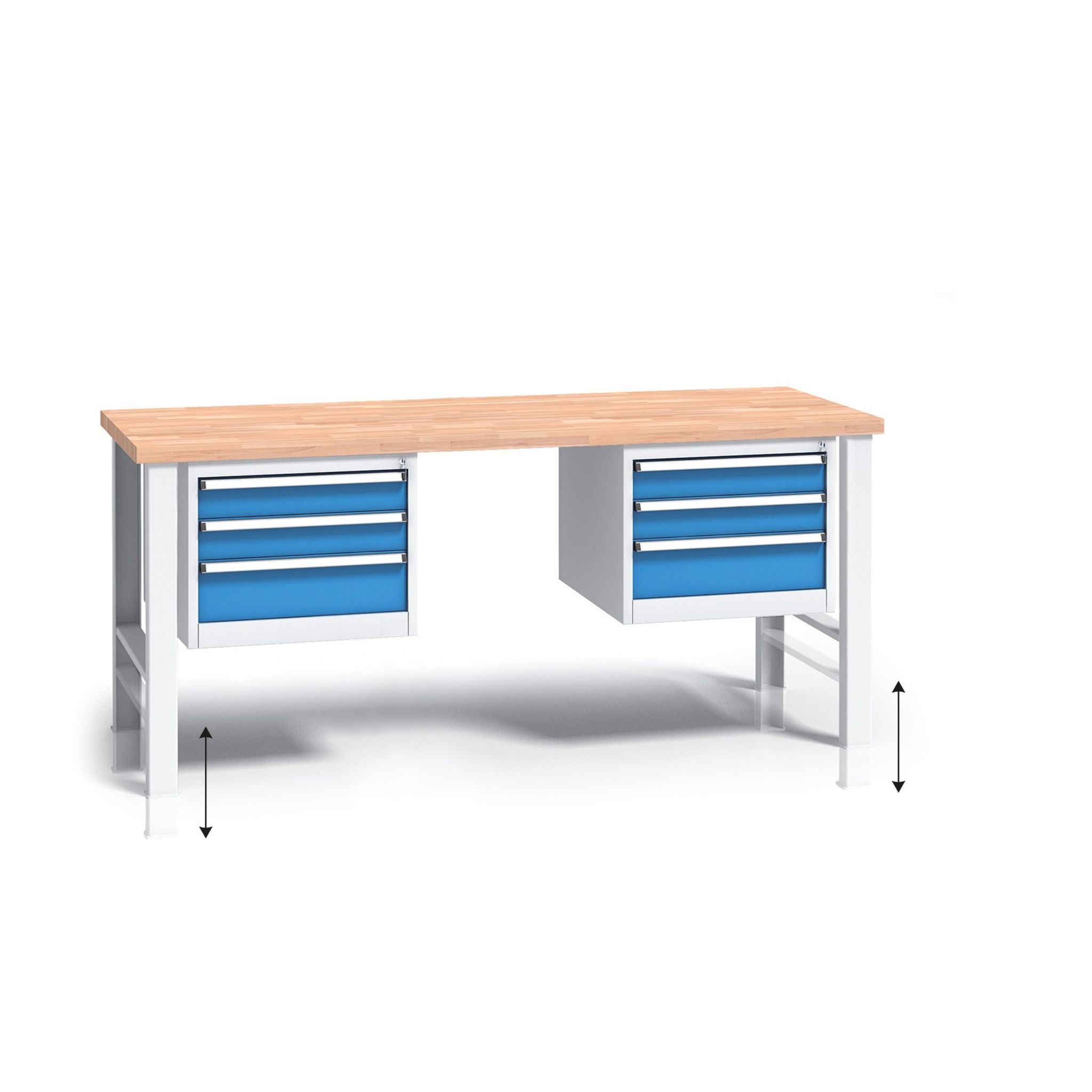 Werkbank mit Holzarbeitsplatte G3, höhenverstellbar, 2000x685x840-1050 mm, 2x 3 Schubladencontainer