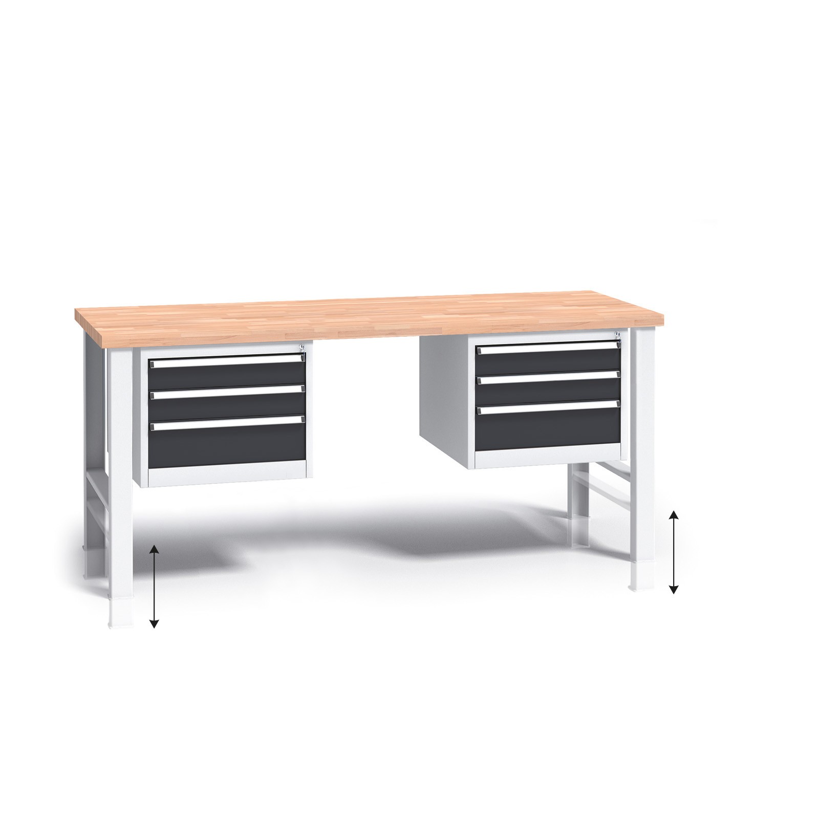 B2B Partner Werkbank mit Holzarbeitsplatte G3, höhenverstellbar, 2000 x 685 x 840-1050 mm, 2x 3 Schubladencontainer, Graphit
