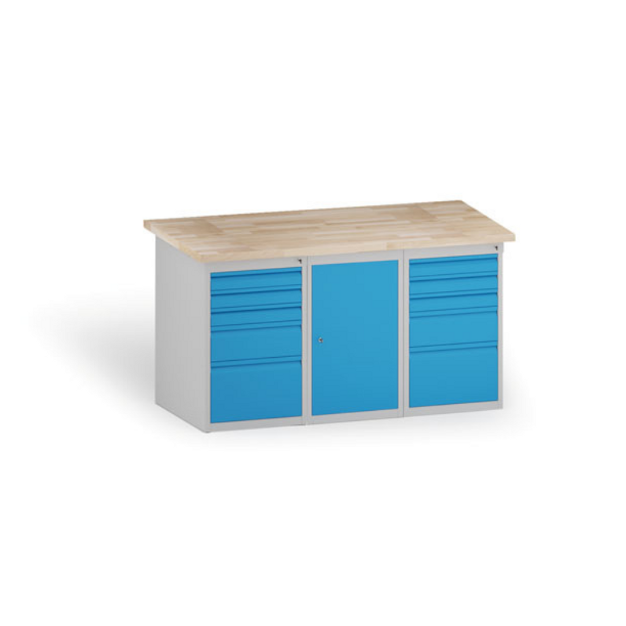 Werkstatttisch KOVONA, 1 Hängeschrank + 10 Schubladen für Wekrzeuge, Buche-Massiv-Platte, 1500 mm