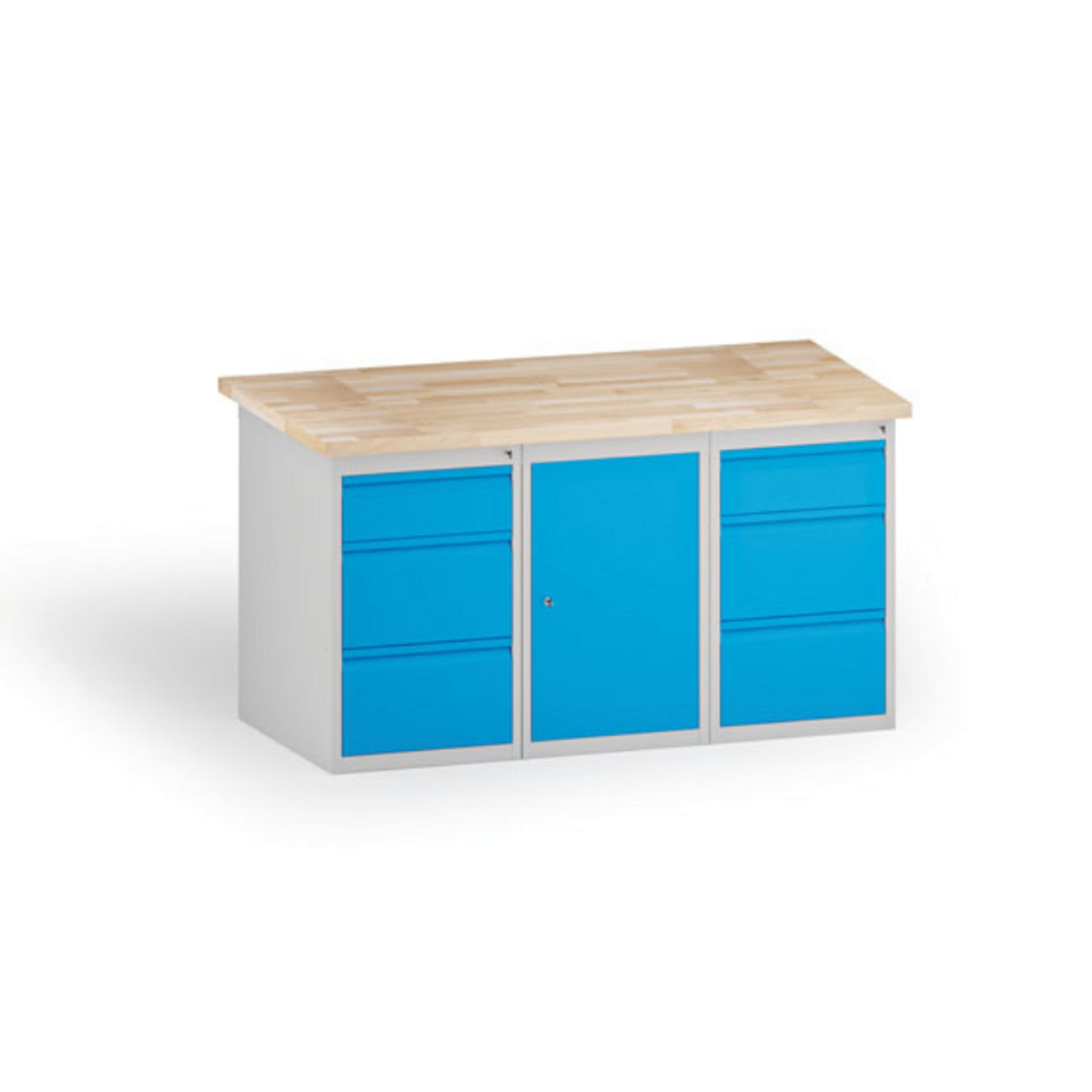 Werkstatttisch KOVONA, 1 Hängeschrank + 6 Schubladen für Wekrzeuge, Buche-Massiv-Platte, 1500 mm