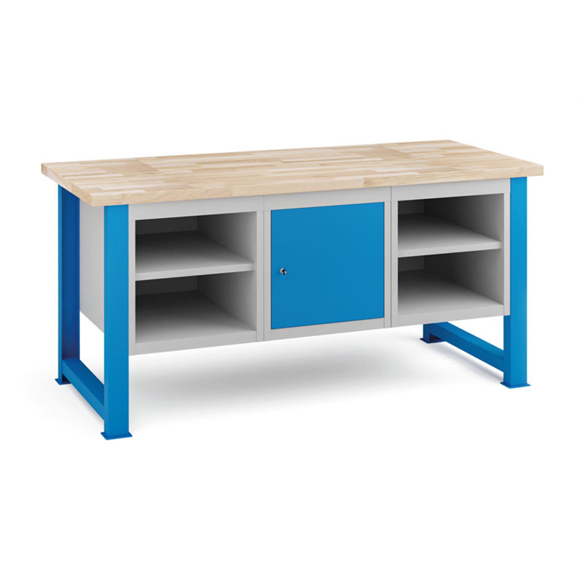 Werkstatttisch KOVONA, 2x Schrank mit Regal, 1x Schrank, Buche-Massiv-Platte, feste Beine, 1700 mm