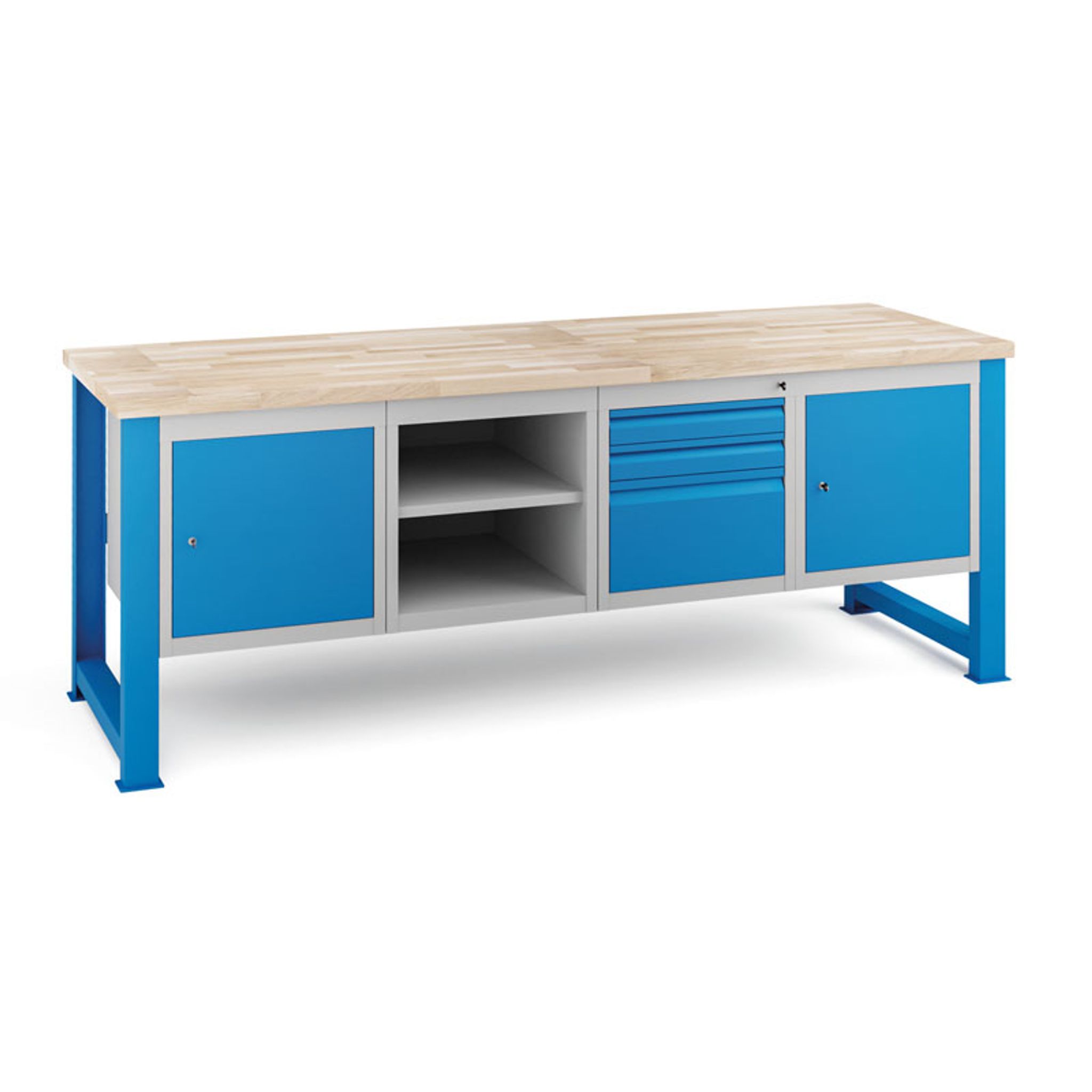 Werkstatttisch KOVONA, 3 Hängeschränke + 3 Schublade für Wekrzeuge, Redalboden, Buche-Massiv-Platte, feste Beine, 2100 mm