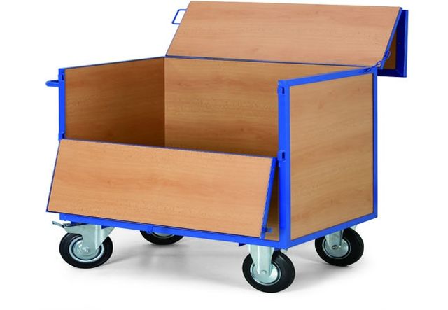 Wózek transportowy z drewnianymi ścianami i zamykaną pokrywką