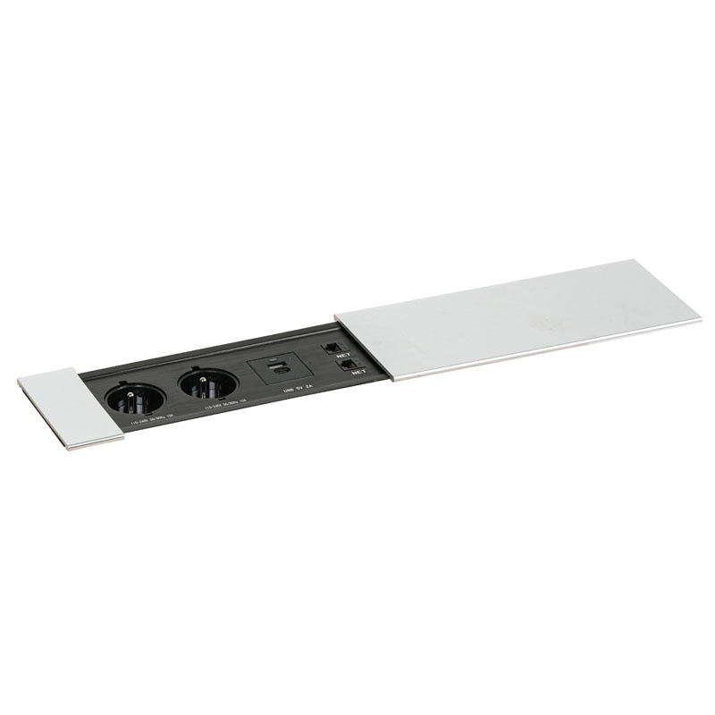 Fotografia produktu: Zásuvkový box TYP IV - posuvný kryt, 2x zásuvka, nabíjací USB A+C porty, 2x RJ45 port, strieborná