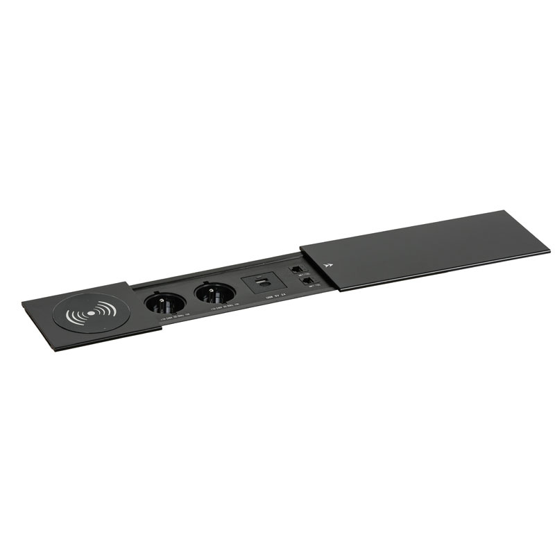 Fotografia produktu: Zásuvkový box TYP V - posuvný kryt, 2x zásuvka, nabíjací USB A+C porty, 2x RJ45 port, 1x bezdrôtová nabíjačka, čierna
