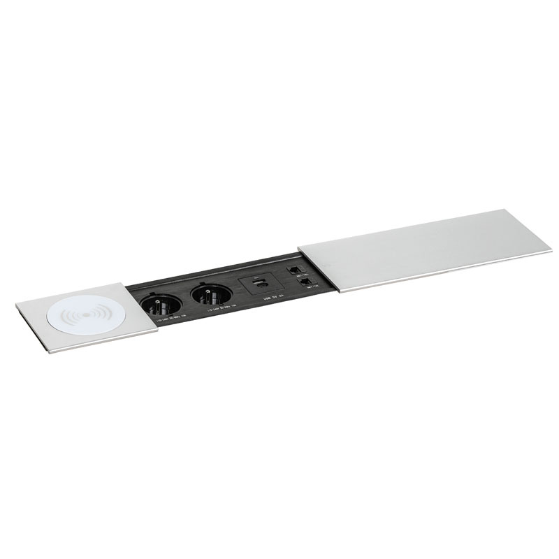 Fotografia produktu: Zásuvkový box TYP V - posuvný kryt, 2x zásuvka, nabíjací USB A+C porty, 2x RJ45 port, 1x bezdrôtová nabíjačka, strieborná