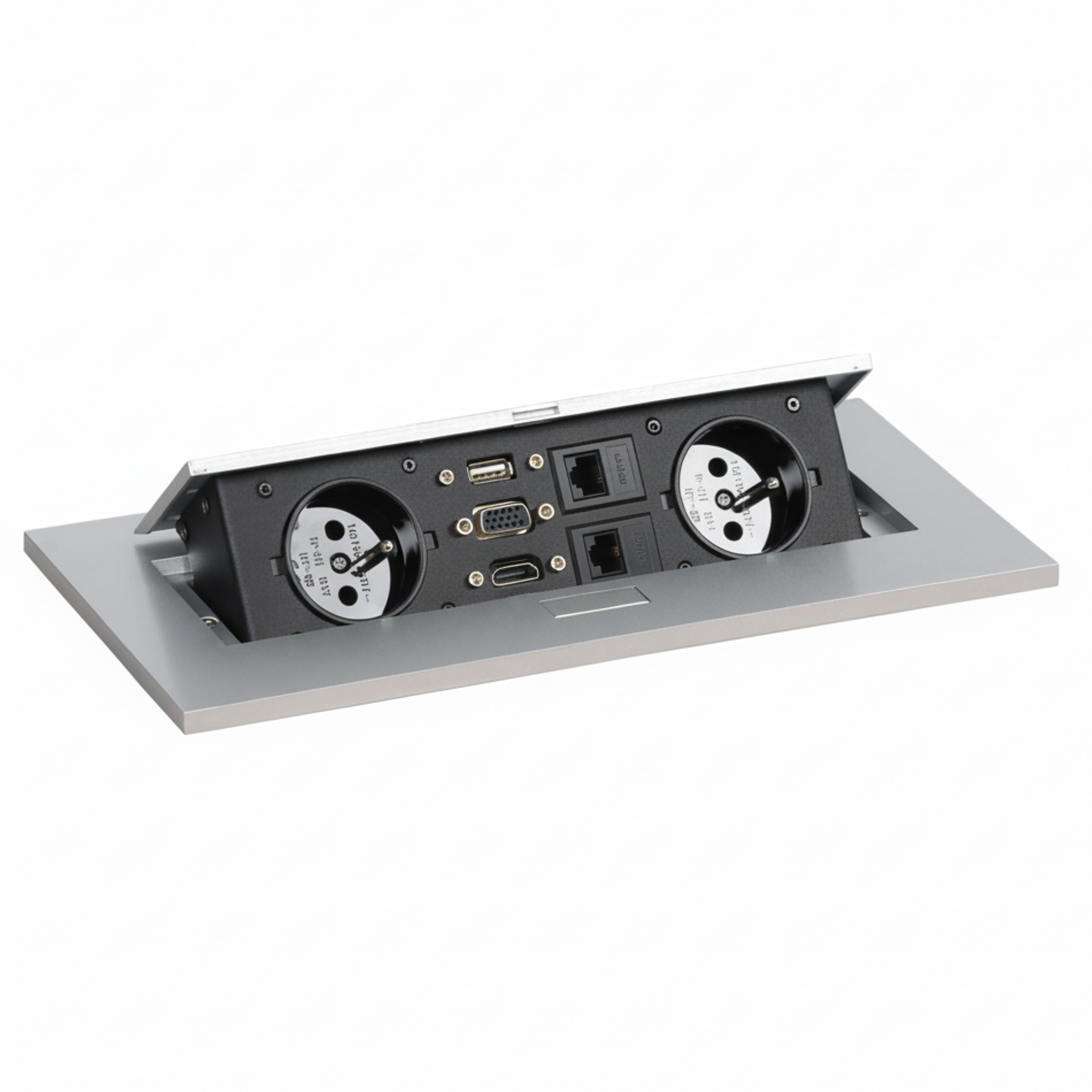 Zásuvkový box TYP VI - výklopný, 2x zásuvka, VGA, HDMI, USB DATA, 2x RJ45 port