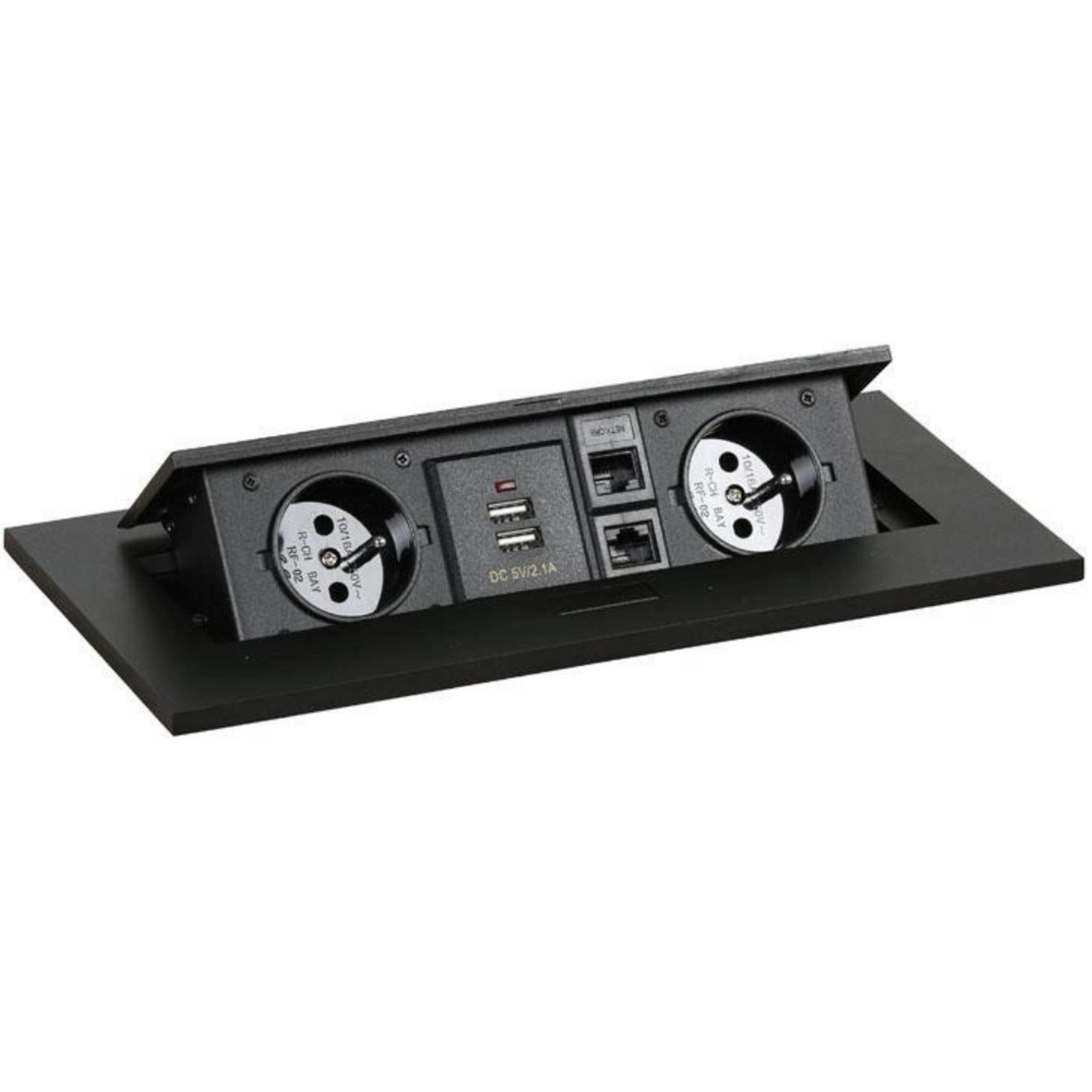 Zásuvkový box - výklopný, 2x zásuvka, 2x USB-A, 2x RJ45 port, černá