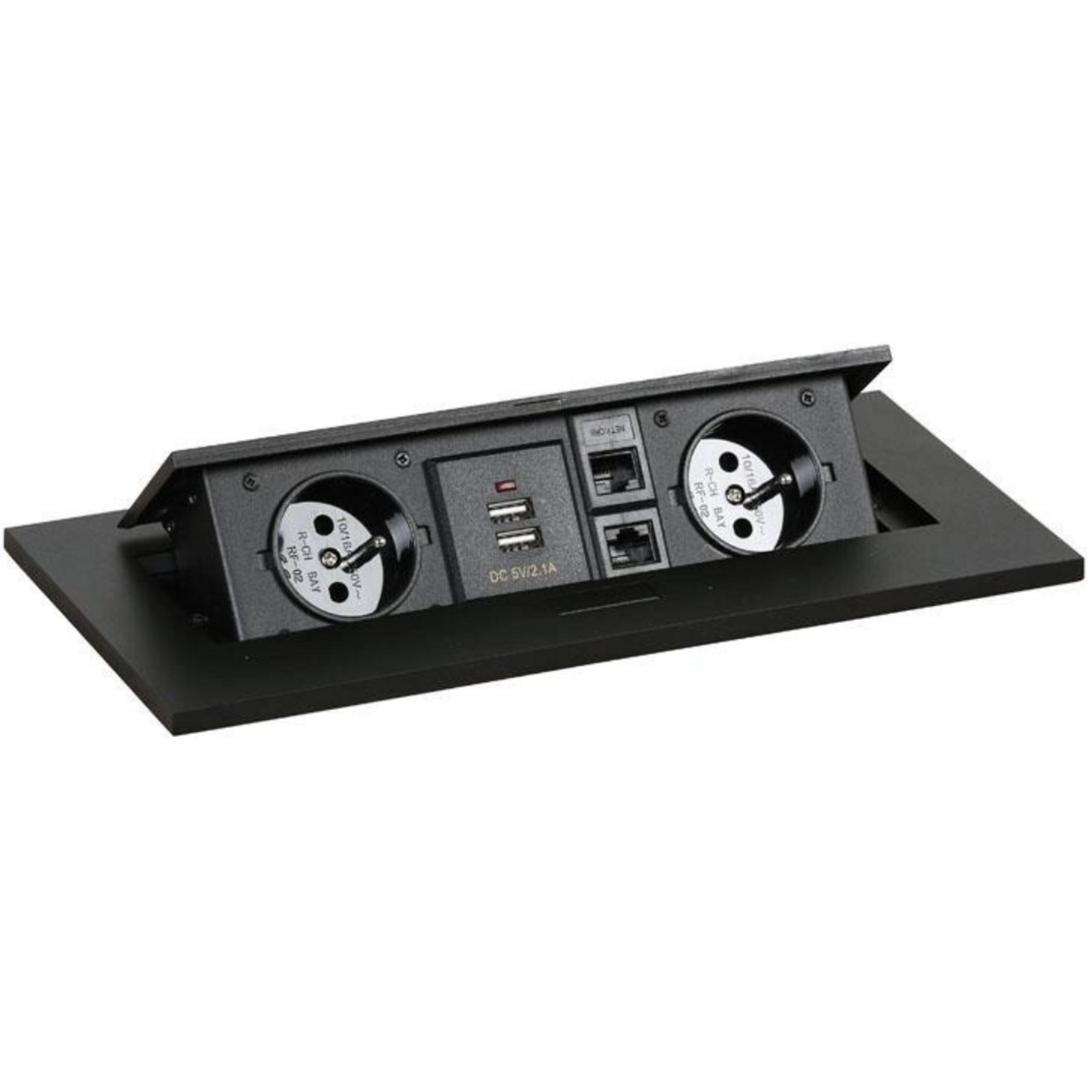 Zásuvkový box - výklopný, 2x zásuvka, 2x USB-A, 2x RJ45 port, čierna