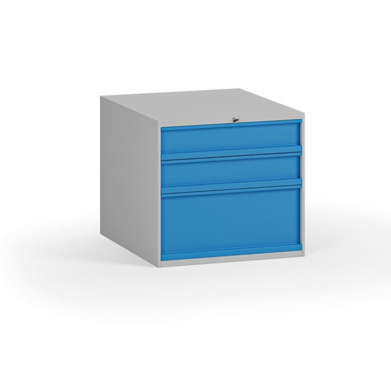 Fotografia produktu: Závesný dielenský box na náradie k pracovným stolom, 3 zásuvky, zámok, 510 x 592 x 470 mm, modrá