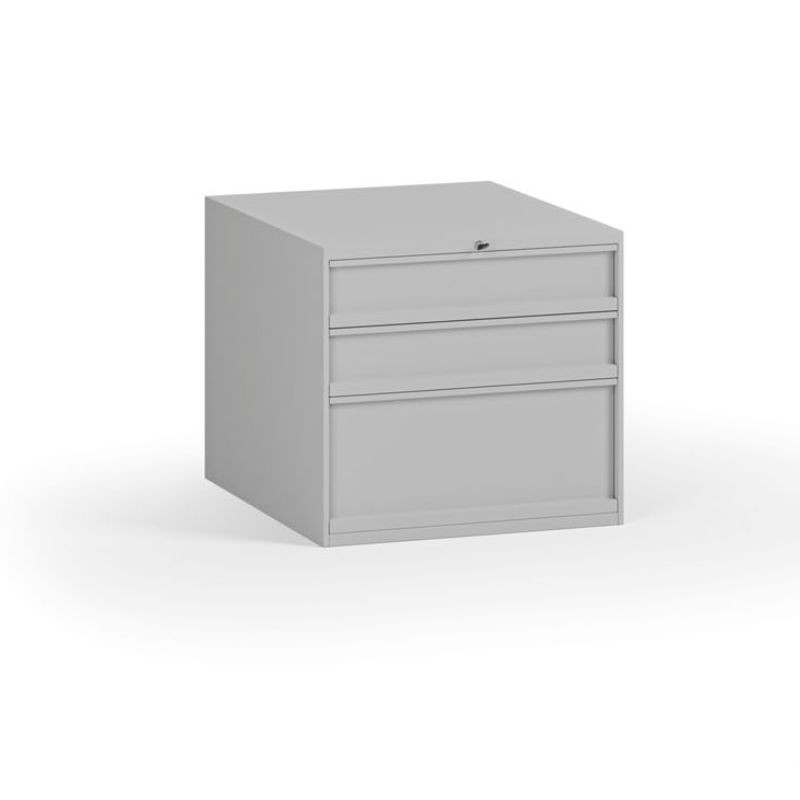 Fotografia produktu: Závesný dielenský box na náradie k pracovným stolom, 3 zásuvky, zámok, 510 x 592 x 470 mm, sivá