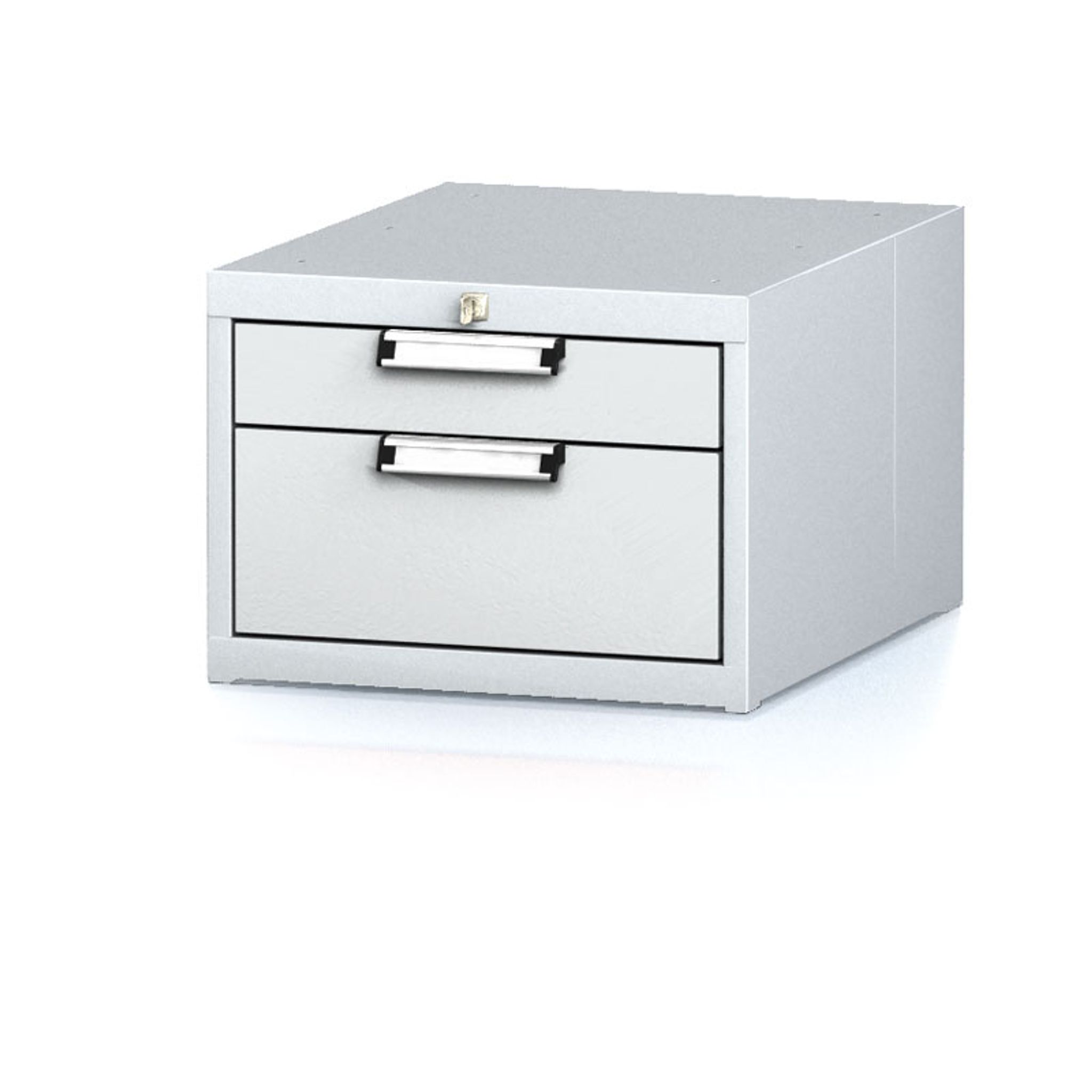 Závesný dielenský box na náradie k pracovným stolom MECHANIC, 2 zásuvky, 480 x 600 x 351 mm, sivé dvere