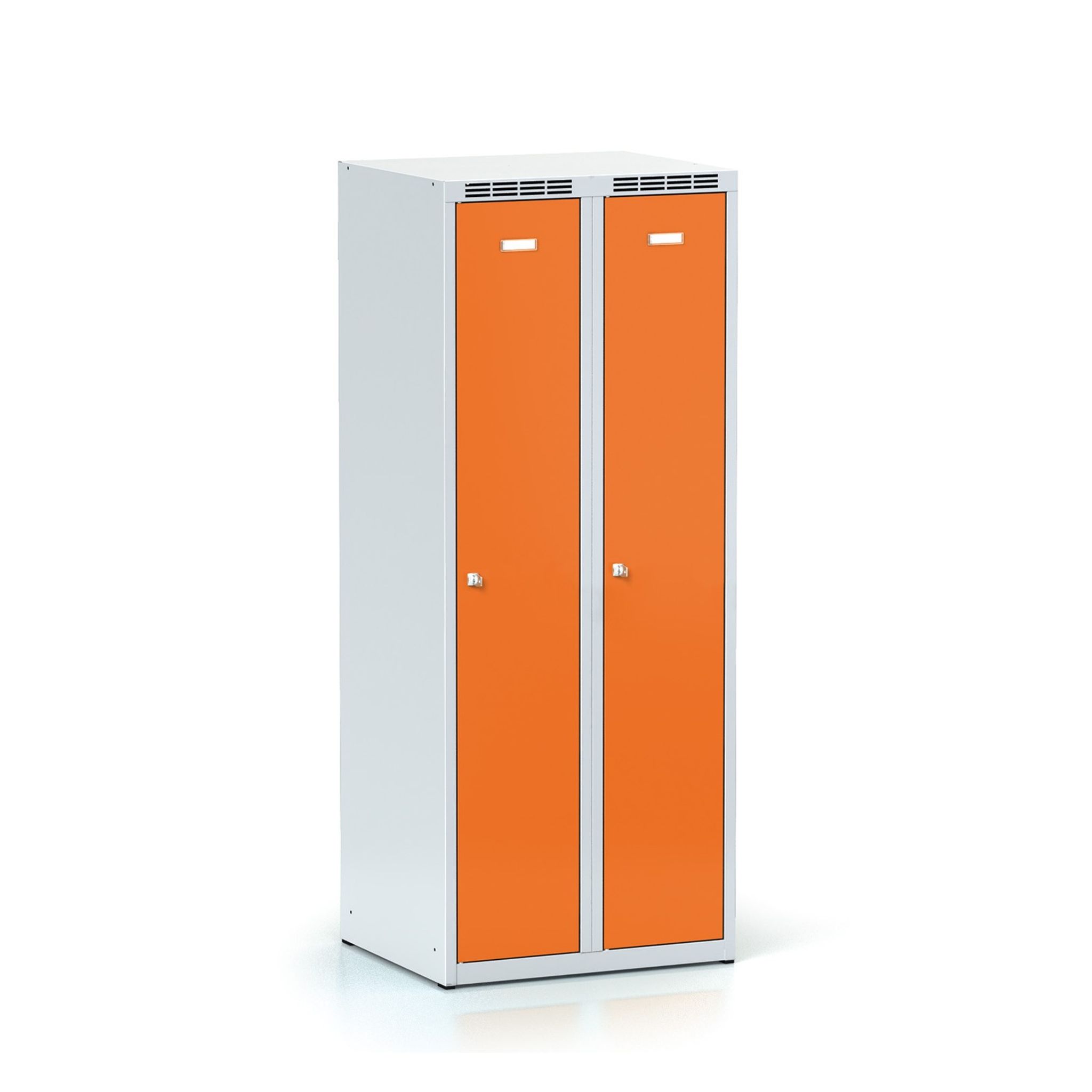 Znížená kovová šatníková skrinka S6, 2-dverová, 1500 x 600 x 500 mm, cylindrický zámok, oranžové dvere