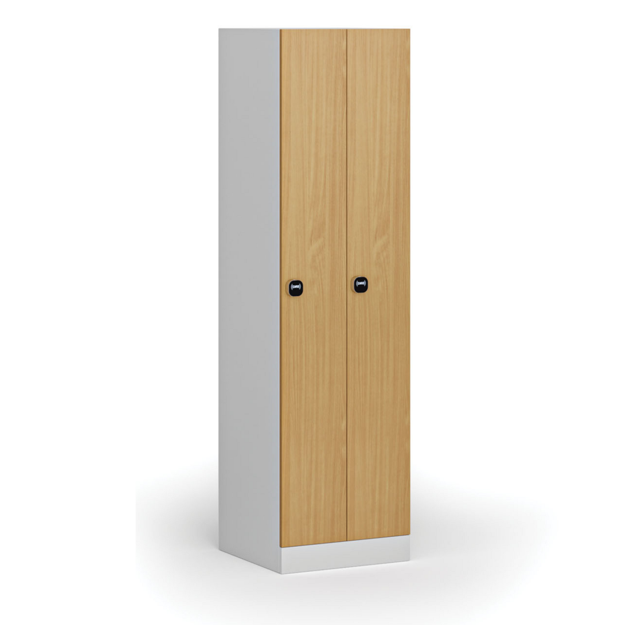 Zúžená kovová šatní skříňka, 2 oddíly, 1850 x 500 x 500 mm, demont, RFID zámek, laminované dveře, buk